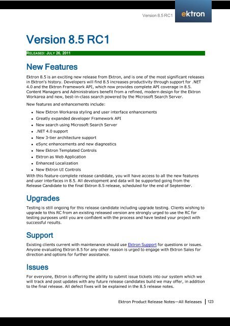 Ektron Product Release Notes - WebHelp - Ektron