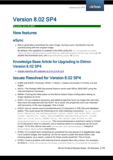 Ektron Product Release Notes - WebHelp - Ektron