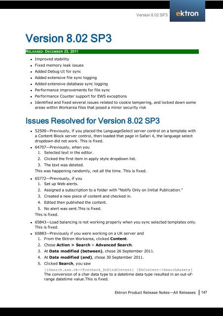 Ektron Product Release Notes - WebHelp - Ektron
