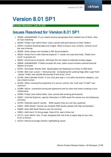 Ektron Product Release Notes - WebHelp - Ektron