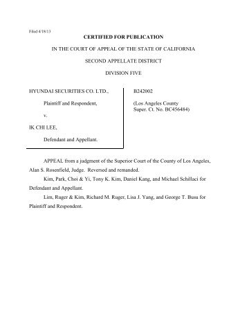 Hyundai Securities Co. v. Lee (Cal. Ct. App. 2013) - Letters Blogatory