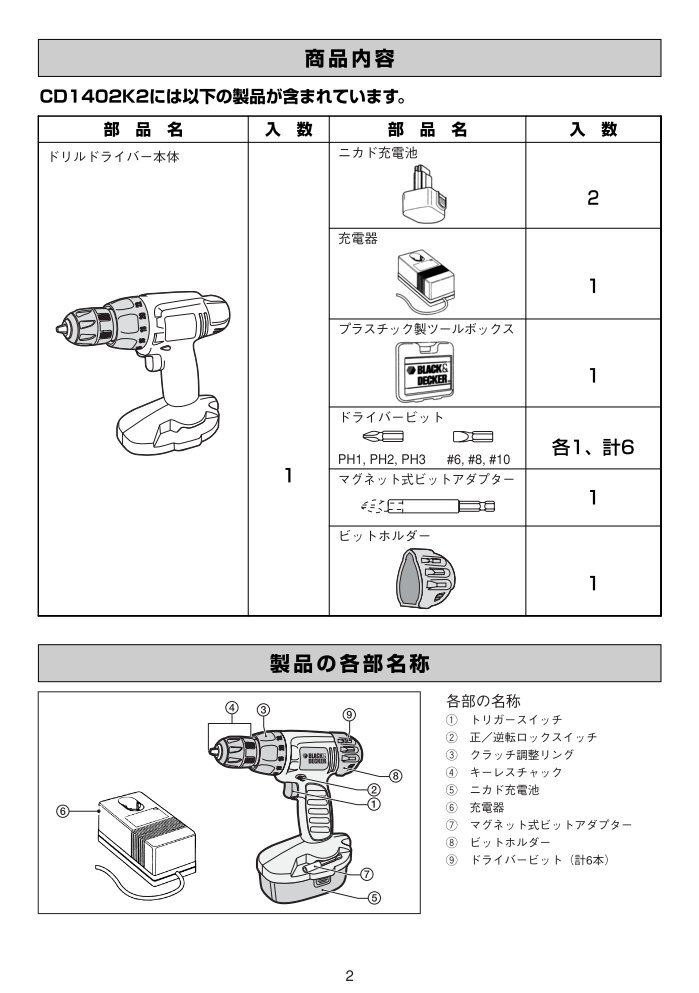 取扱説明書 14.4V充電式ドリルドライバー CD1402K2