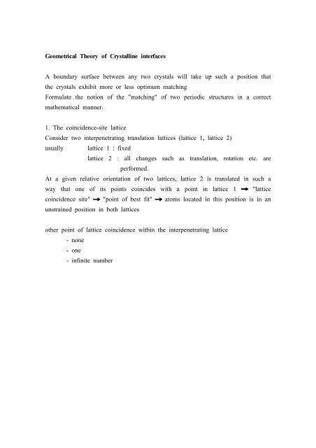 Geometrical Theory of Crystalline interfaces A boundary surface ...