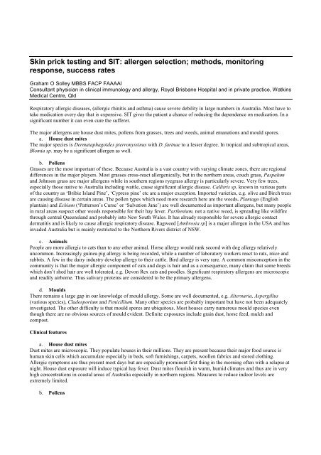 Skin Prick Testing And SIT: Allergen Selection; Methods