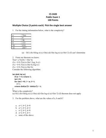 CS 2420 Public Exam 1 100 Points Multiple Choice (3 points each ...
