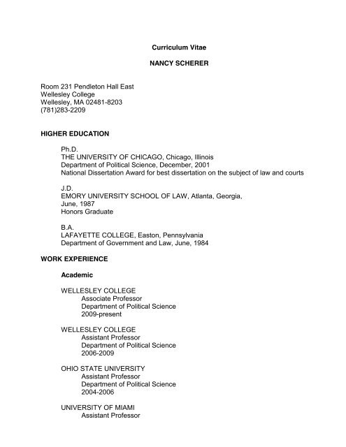 Curriculum Vitae NANCY SCHERER Room 231 ... - Wellesley College