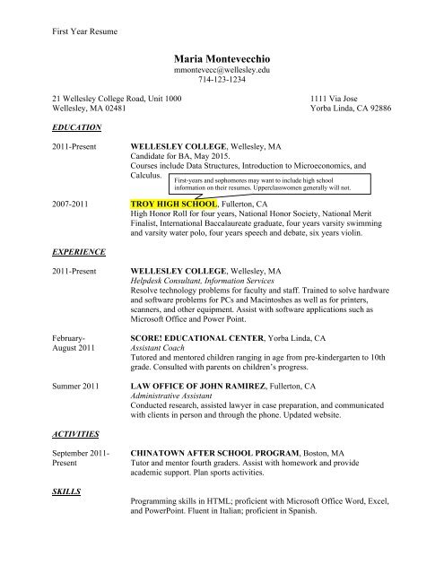 Sample Student Resumes - Wellesley College