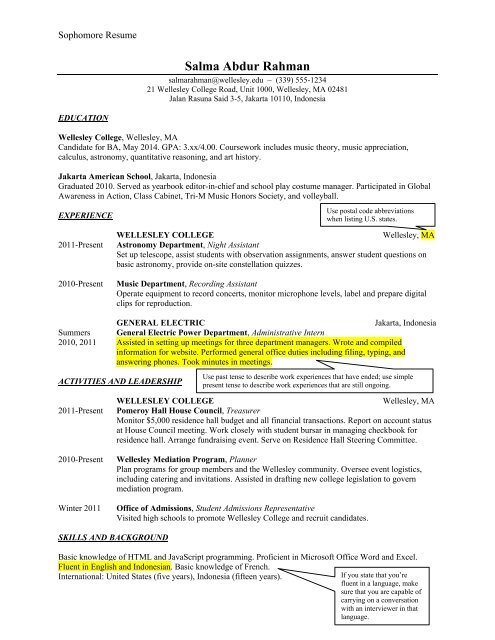 Sample Student Resumes - Wellesley College