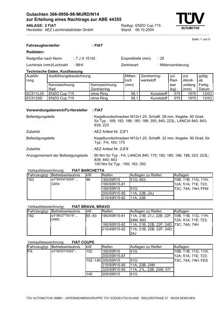 Gutachten 366-0956-98-MURD/N14 zur Erteilung ... - Reifen.com