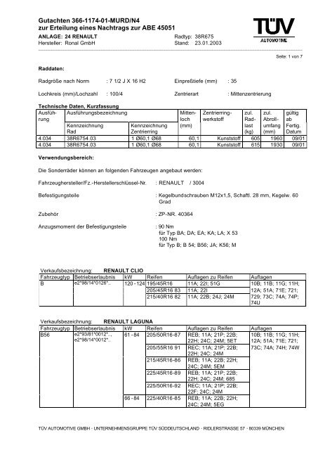 Gutachten 366-1174-01-MURD/N4 zur Erteilung eines ... - Reifen.com