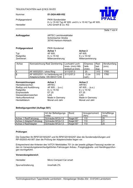 TEILEGUTACHTEN nach §19(3) StVZO Nummer 01 ... - Reifen.com