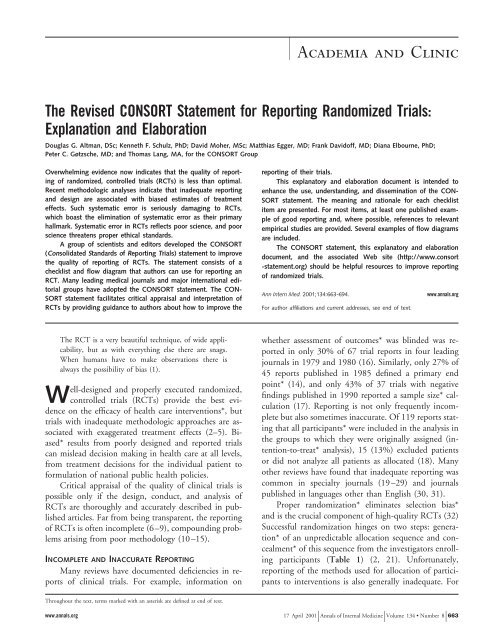 The Revised CONSORT Statement for Reporting Randomized Trials