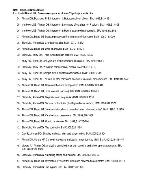 BMJ Statistical Notes Series List by JM Bland: http://www-users.york ...