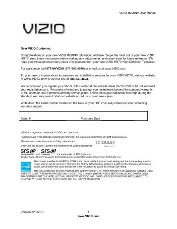 VIZIO M220NV User Manual Version 3/15/2010 1 www.VIZIO.com ...