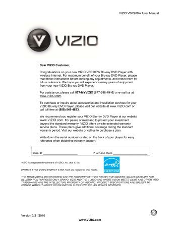 VIZIO VBR200W User Manual Version 3/21/2010 1 www.VIZIO.com ...