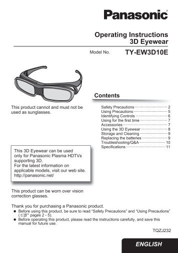 Operating Instructions 3D Eyewear TY-EW3D10E - AWE Europe