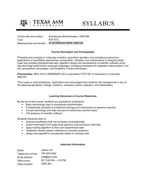 syllabus - Ecology and Evolutionary Biology - Texas A&M University