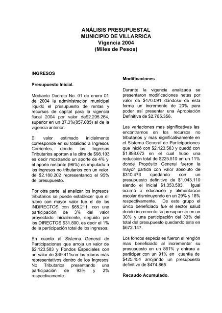 1PP_Análisis Presupuestal_Villarrica_Tolima_2004 - CDIM - ESAP