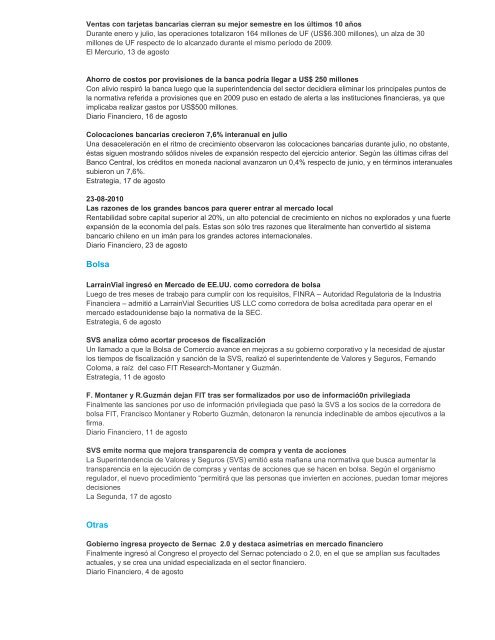 Resumen de noticias Industria Finaciera Agosto 2010 - Deloitte Chile