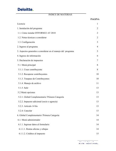 INDICE DE MATERIAS PAGINA Licencia 1 1 ... - Deloitte Chile