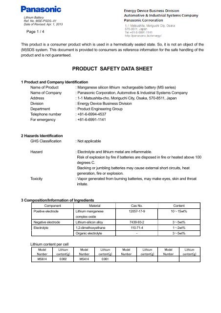 PRODUCT SAFETY DATA SHEET - Panasonic