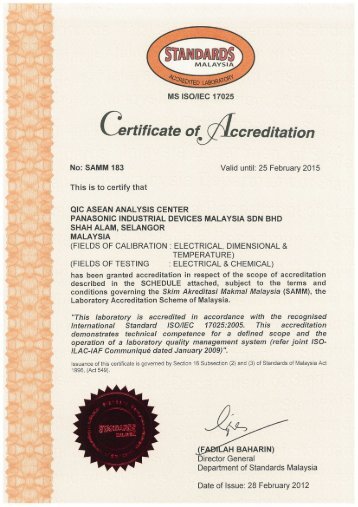 Laboratory accreditation certificate for PIDMY - Panasonic