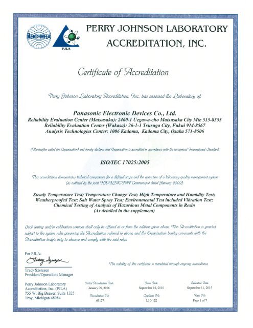 Laboratory accreditation certificate for Japanese ... - Panasonic