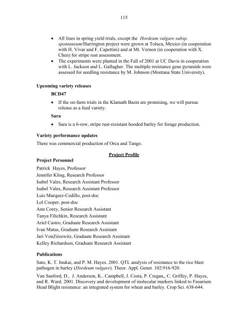 Annual Progress Report on Malting Barley Research March, 2002