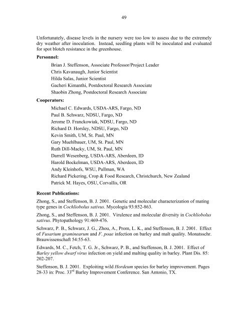 Annual Progress Report on Malting Barley Research March, 2002