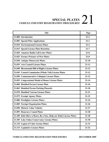 Ch. 21 Special Plates - California Department of Motor Vehicles