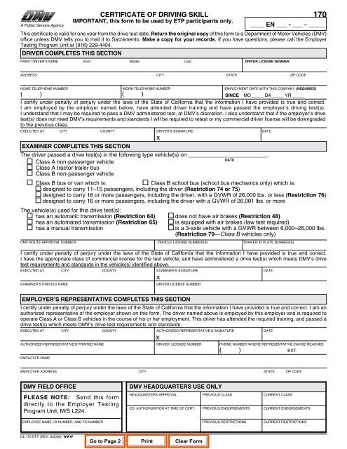 DL 170 ETP, Certificate of Driving Skill - California Department 