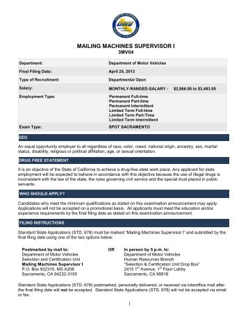 mailing machines supervisor i - California Department of Motor ...