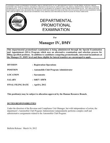 Manager IV, DMV - California Department of Motor Vehicles - State ...