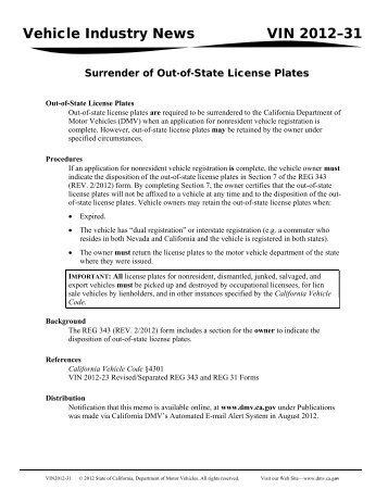 (VIN) Memo 2012-31 Surrender of Out-of-State License Plates