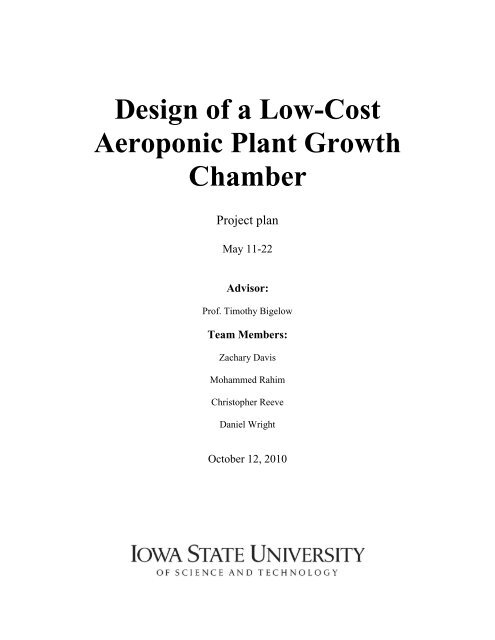 Design of a Low-Cost Aeroponic Plant Growth Chamber