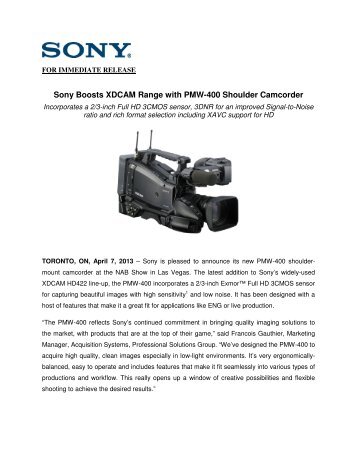 Sony Boosts XDCAM Range with PMW-400 Shoulder Camcorder