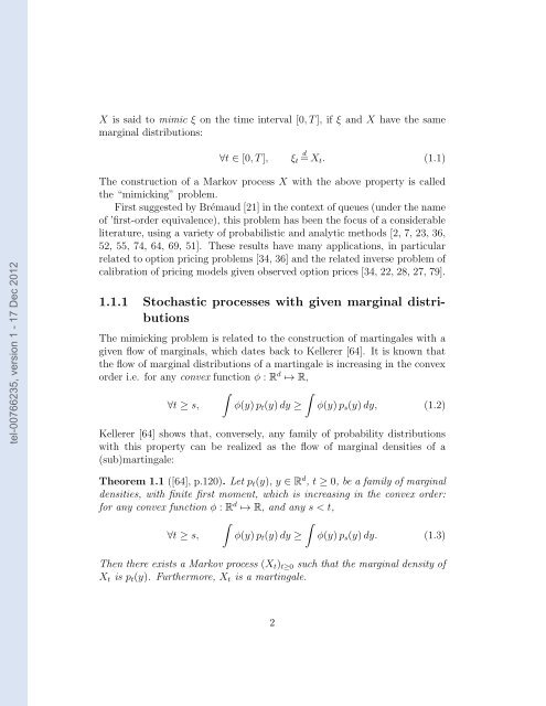 Projection markovienne de processus stochastiques