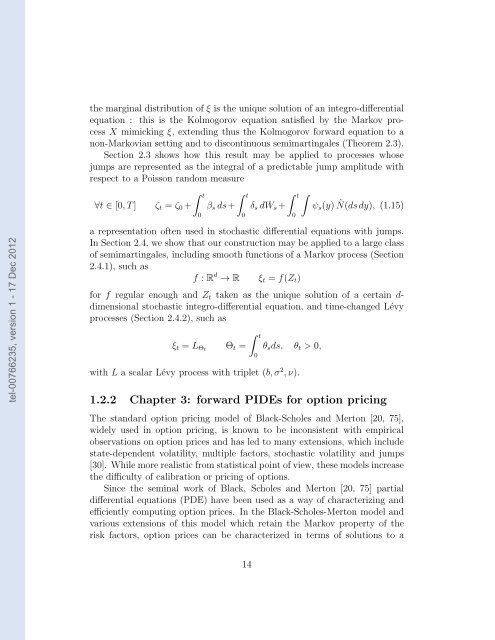 Projection markovienne de processus stochastiques