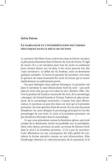 Sylvie Patron Le narrateur et l'interprétation des termes déictiques ...