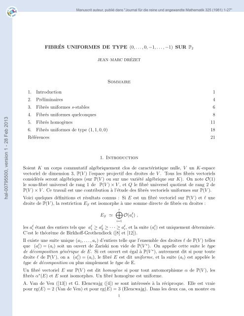 1. Introduction 1 2. Préliminaires 4 3. Fibrés uniformes s-stables 6 4 ...