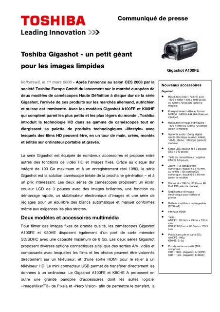 Communiqué de presse - Toshiba Gigashot - un petit gigante pour ...