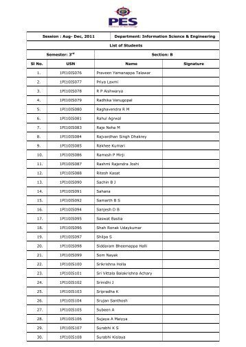 Information Science & Engineering List of Students Semester: 3rd ...