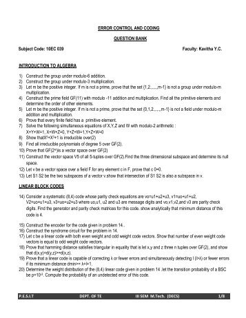 ERROR CONTROL AND CODING QUESTION BANK Subject Code ...