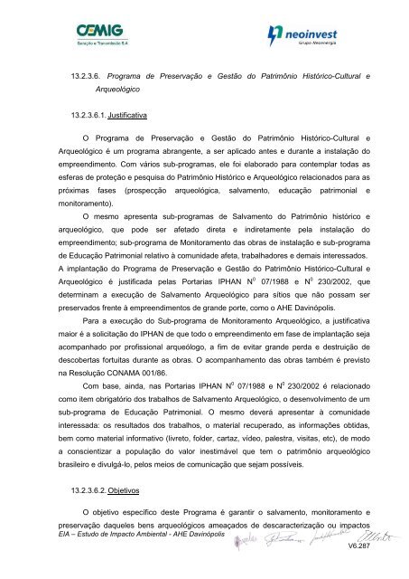 EIA – Estudo de Impacto Ambiental - AHE Davinópolis V6.1 - Ibama