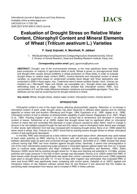 Evaluation of Drought Stress on Relative Water Content, Chlorophyll ...