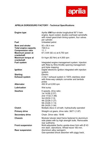 APRILIA DORSODURO FACTORY - Technical Specifications ...