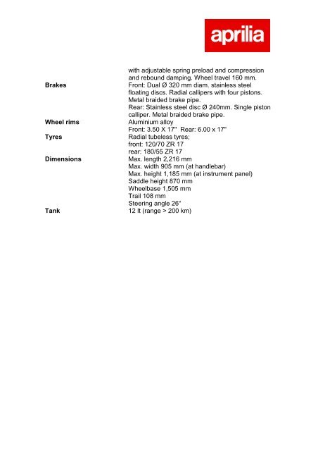 APRILIA DORSODURO FACTORY - Technical Specifications ...