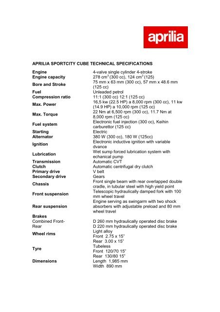 APRILIA SPORTCITY CUBE TECHNICAL SPECIFICATIONS Engine ...