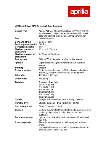 APRILIA Shiver 2010 Technical Specifications Engine type Aprilia V90