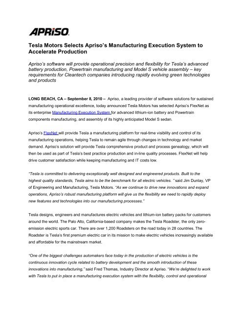 Tesla Motors Selects Apriso's Manufacturing Execution System to ...